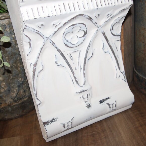 Ornate Shabby White Distressed Metal Tile & Wood Farmhouse Wall Decor Shelf - Picture 5 of 6